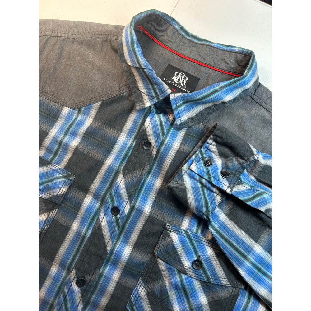 Rock Republic Plaid Long Sleeve Western Shirt Men's XL Blue Gray Snap‎ Front